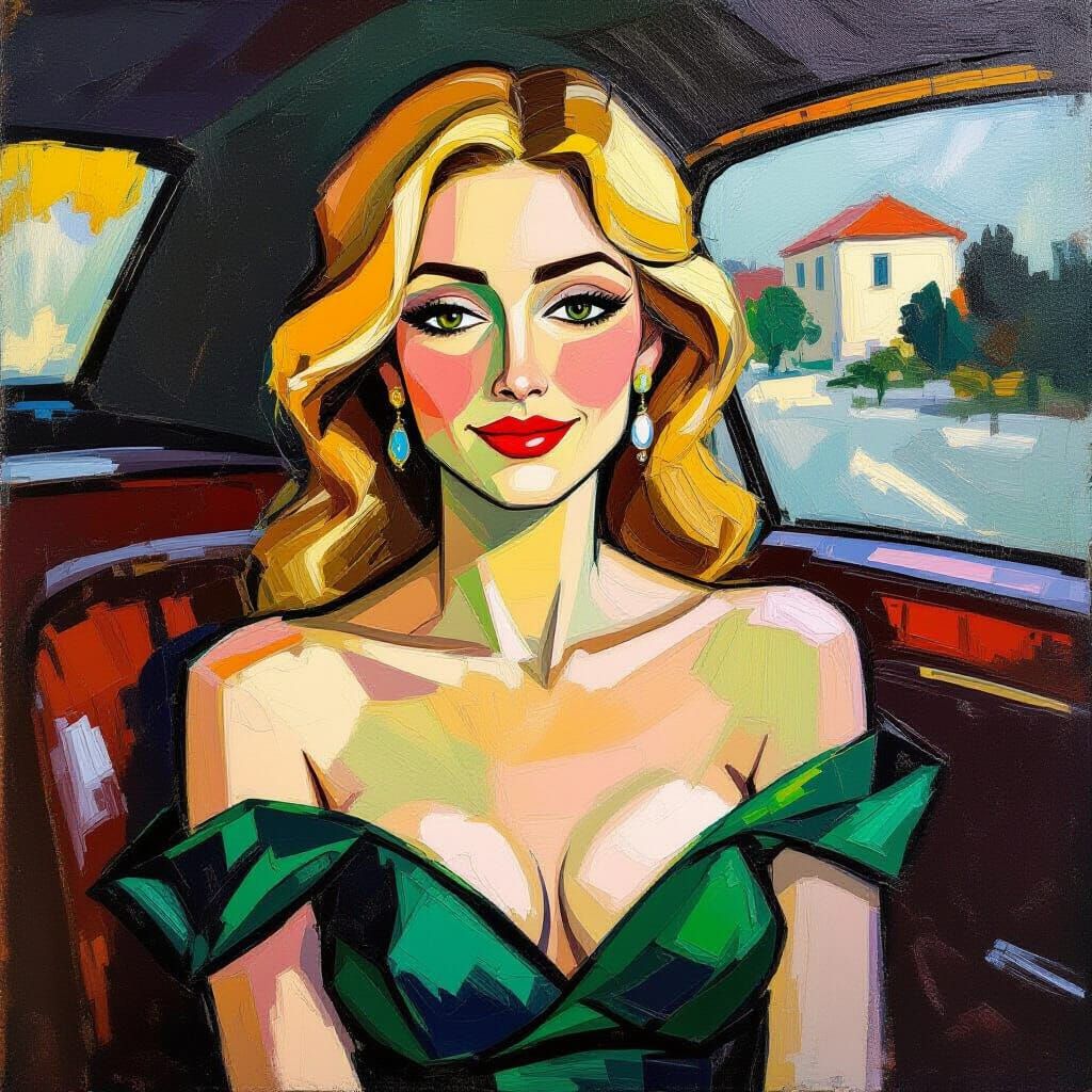 Elegant Woman in Limousine: Impasto Oil Painting