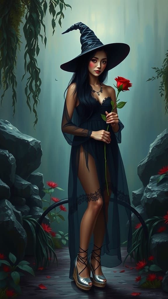 Gothic Witch in Overgrown Garden as Impasto Painting