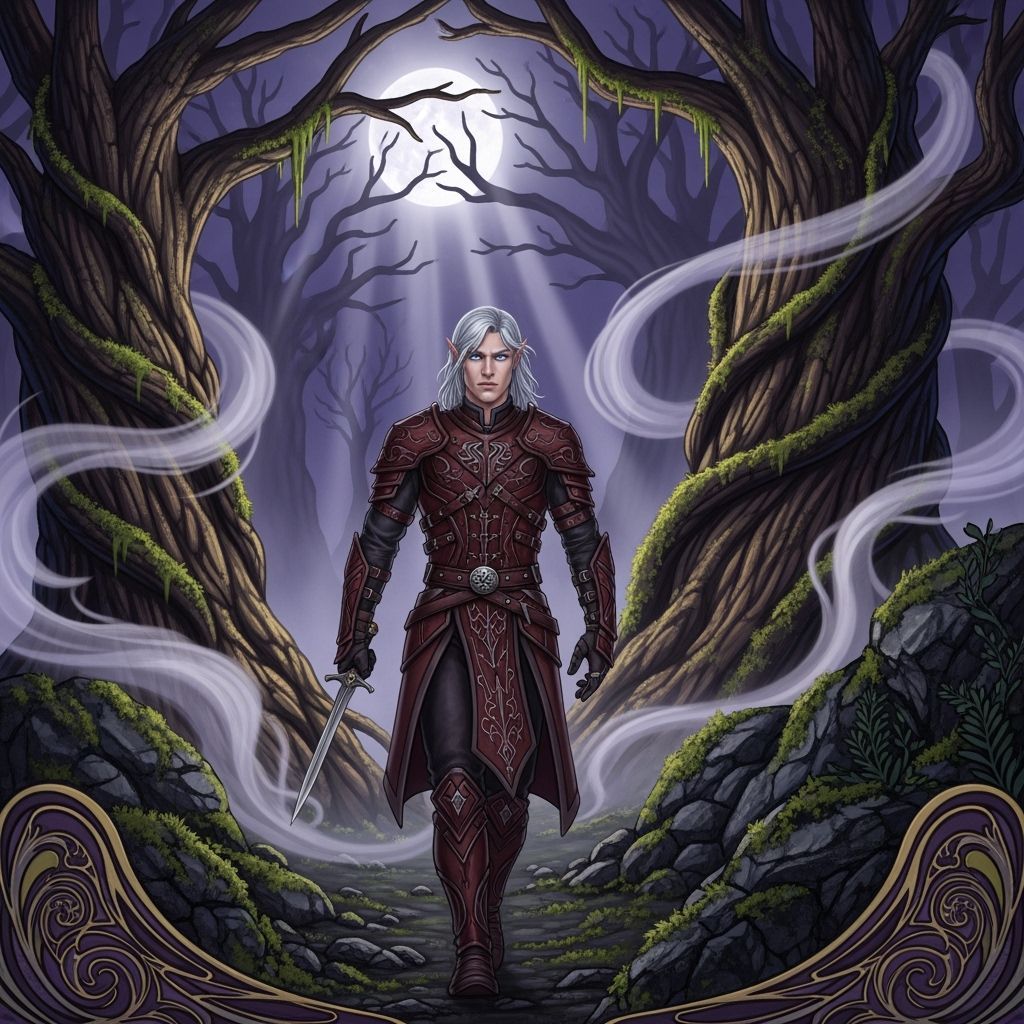 Elf in Dark Woodland with Art Nouveau Elements