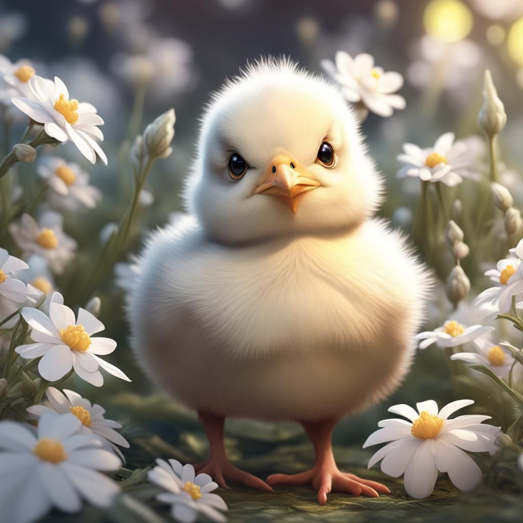 Adorable Chick Portrait Among White Flowers