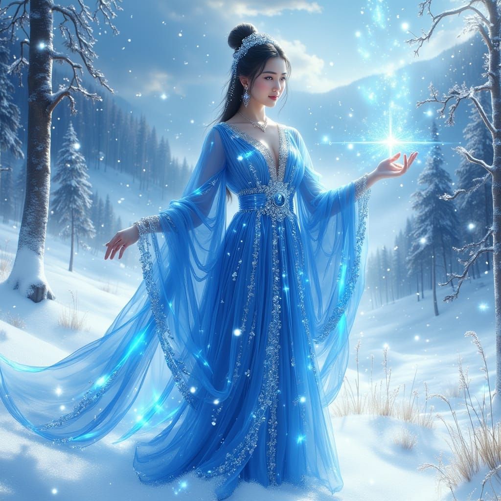 Asian Enchantress in Winter Snowscape with Blue Beams