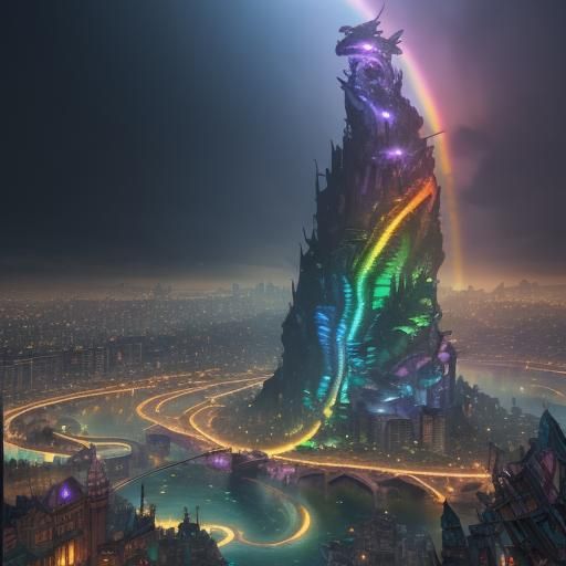 Rainbow Serpent Devouring a City: Fantasy Concept Art