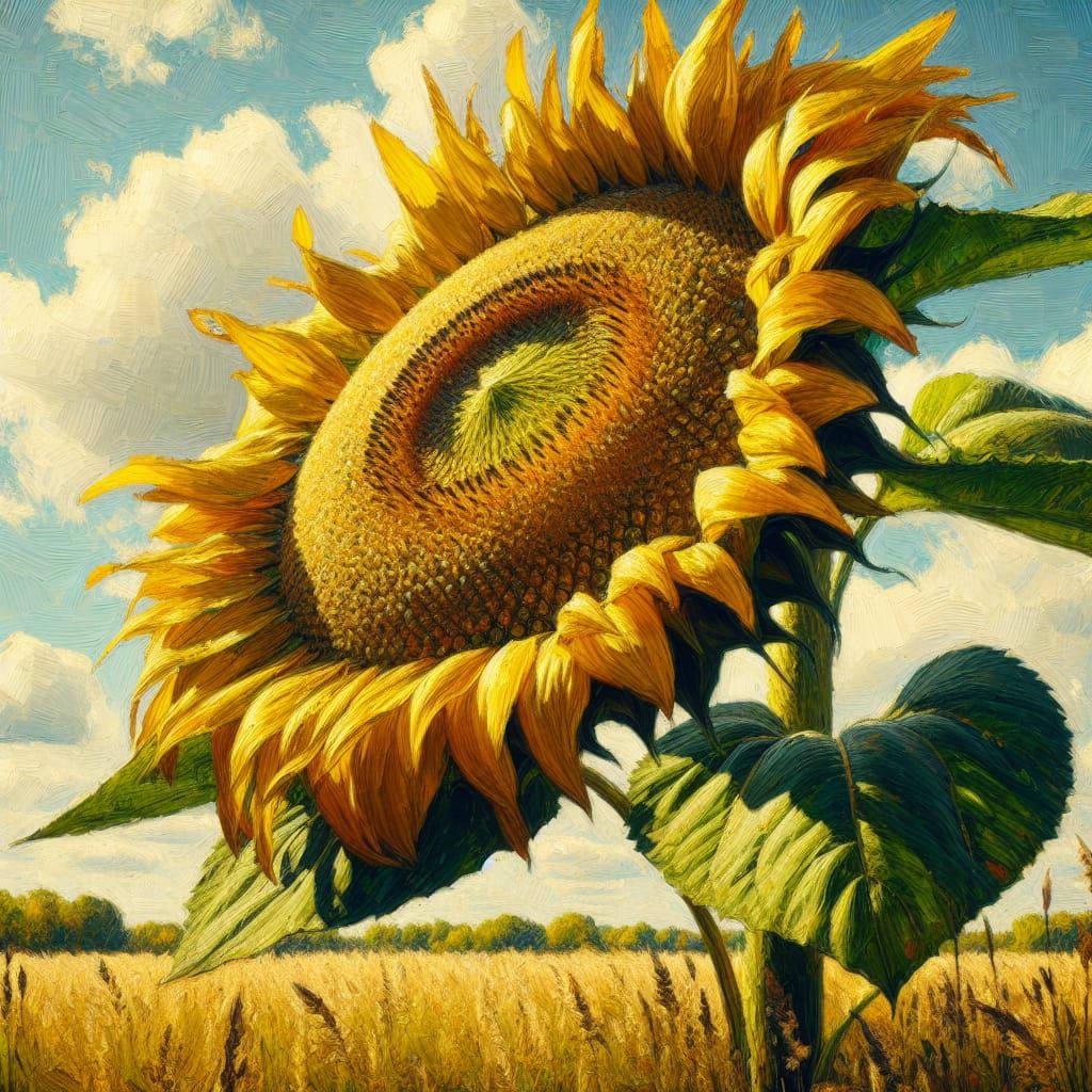 Golden Sunflower Impasto Painting in Rural Field