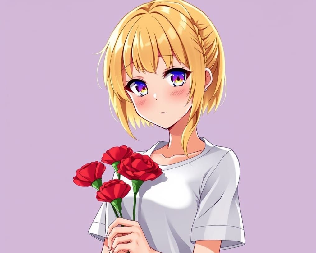Anime Girl with Blonde Braid and Red Carnations in Vibrant A...