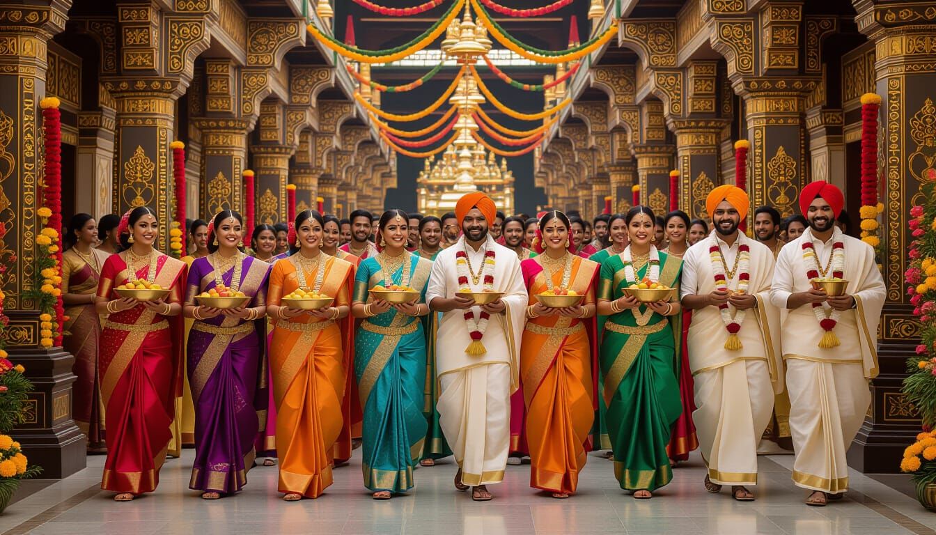 Procession in Ancient Indian Temple, Folk Art Style