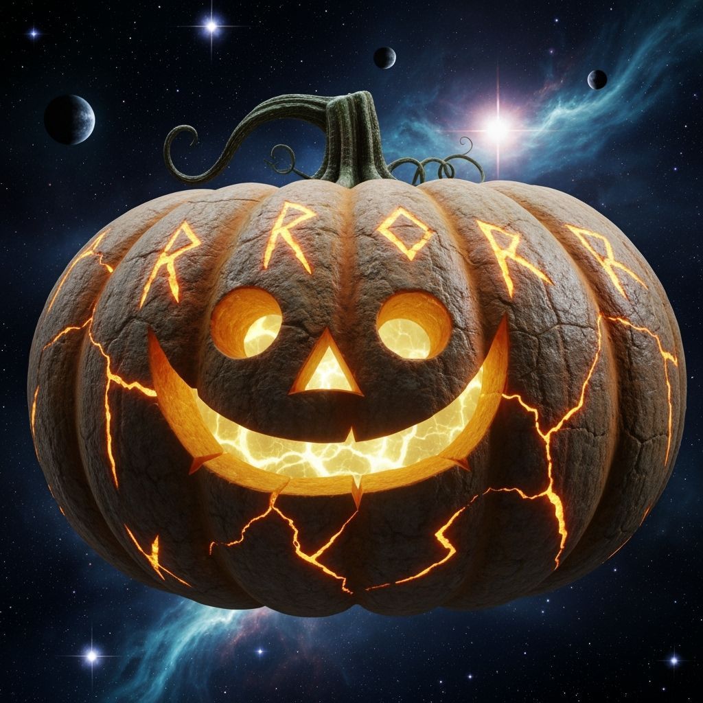 Colossal Rune-Carved Pumpkin in Cosmic Void