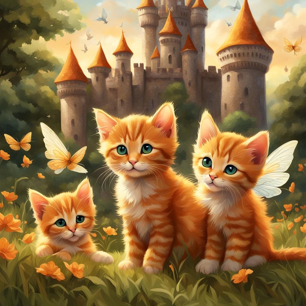 Kittens with Fairy Wings in a Castle Landscape