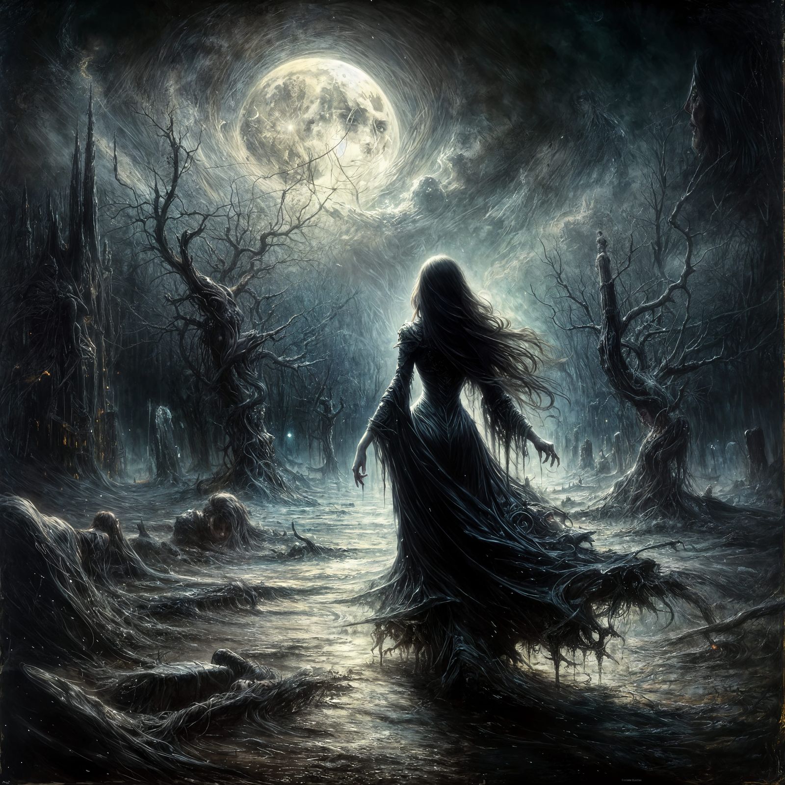 Dark-Haired Lunamancer Striding Through Gloom