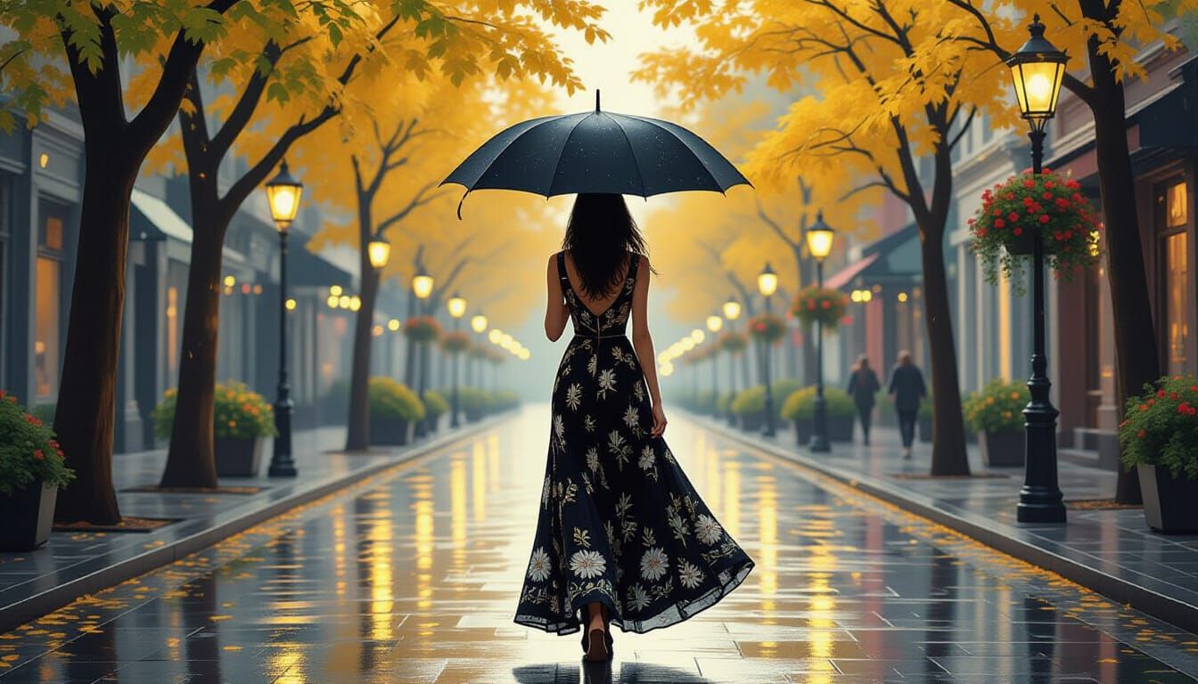Elegant Woman with Umbrella in Serene City Dusk