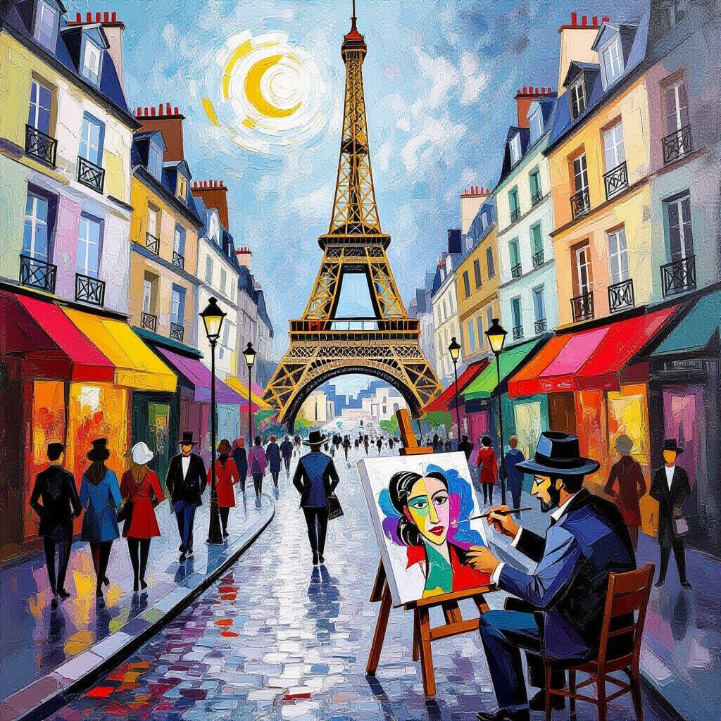 Cubist Paris Street Scene with Warped Eiffel Tower