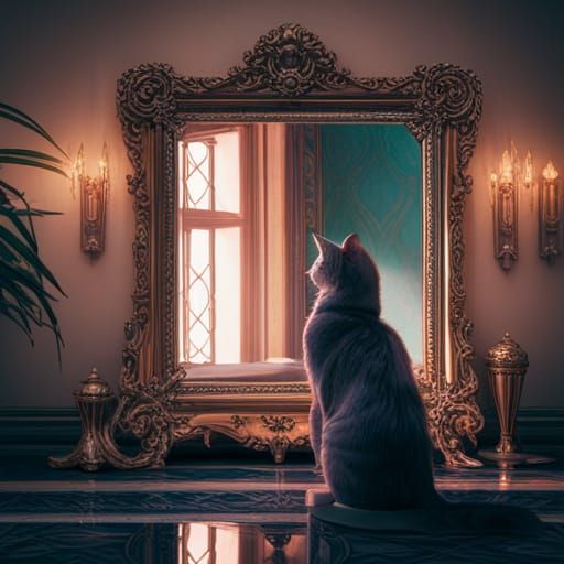 Cat Reflecting: Hyperdetailed Art by Rutkowski, Mucha, WLOP