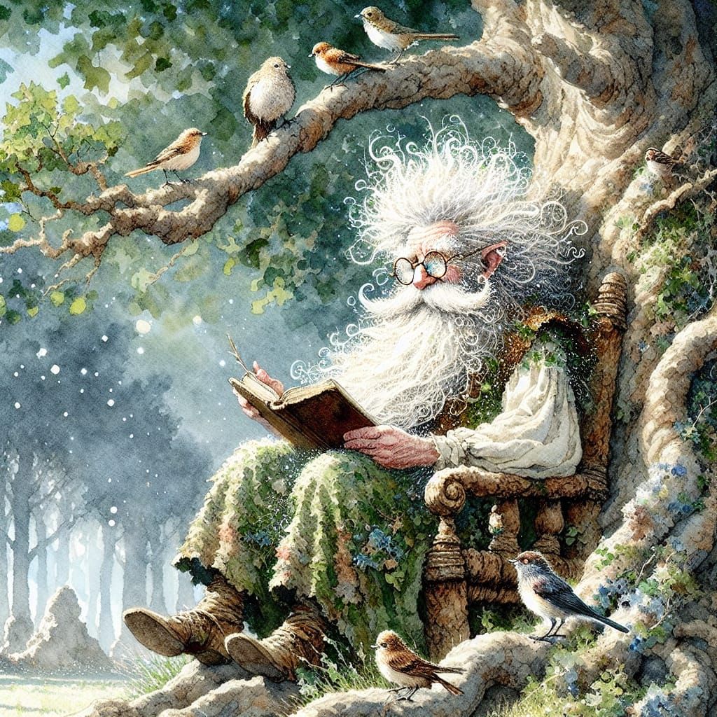 Tree Wizard Reading in Canopy, Watercolor Painting