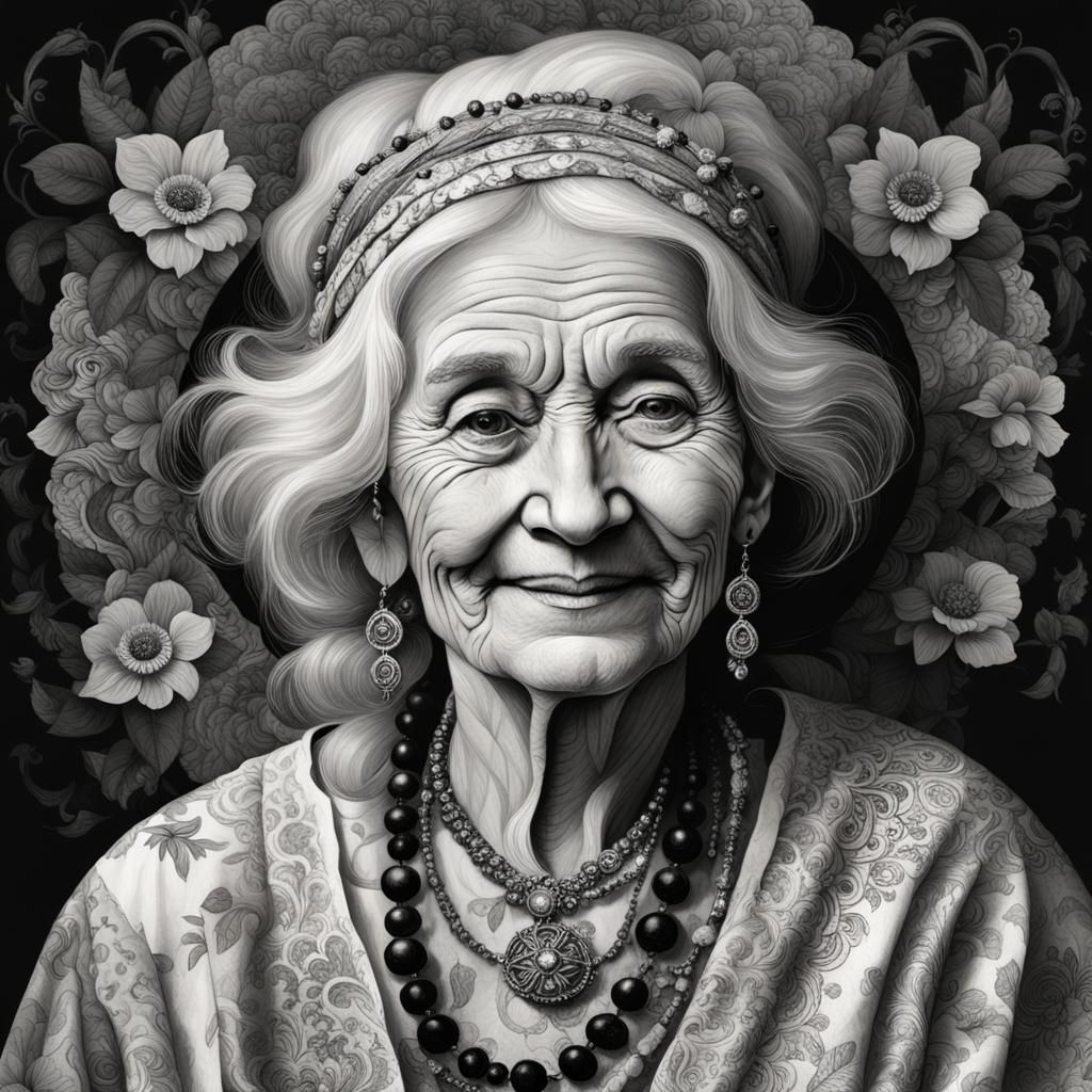 Monochrome Portrait of Smiling Grandmother in Victorian Styl...