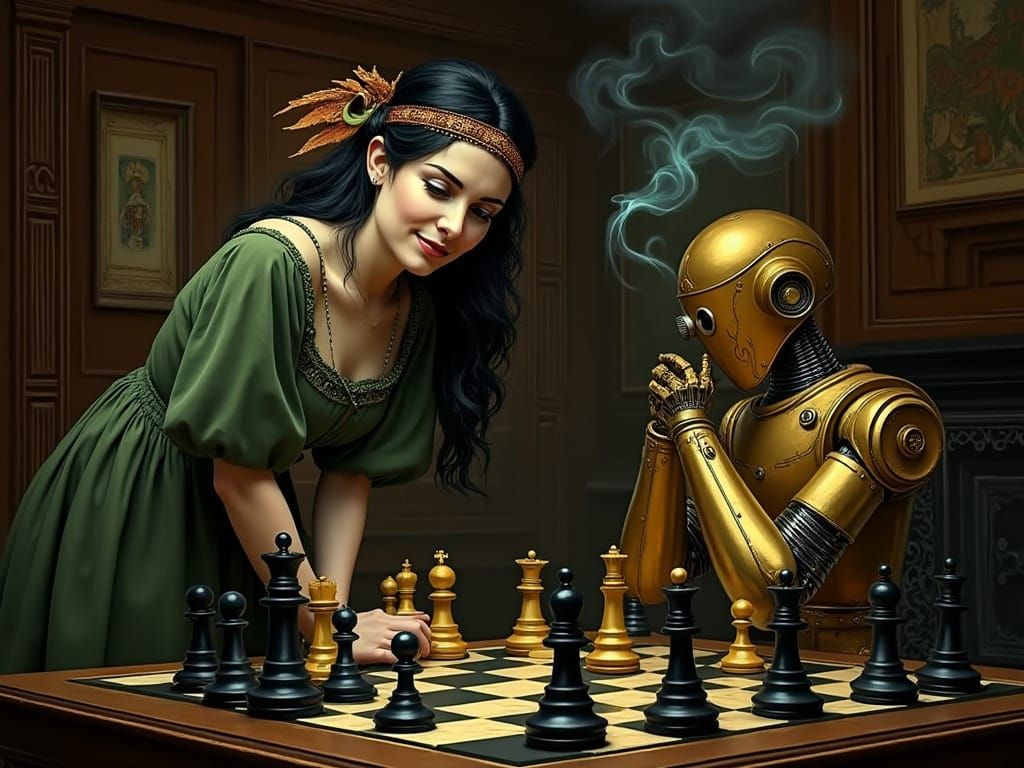 Victorian Fairy Plays Chess with Brass Robot in Oil Painting