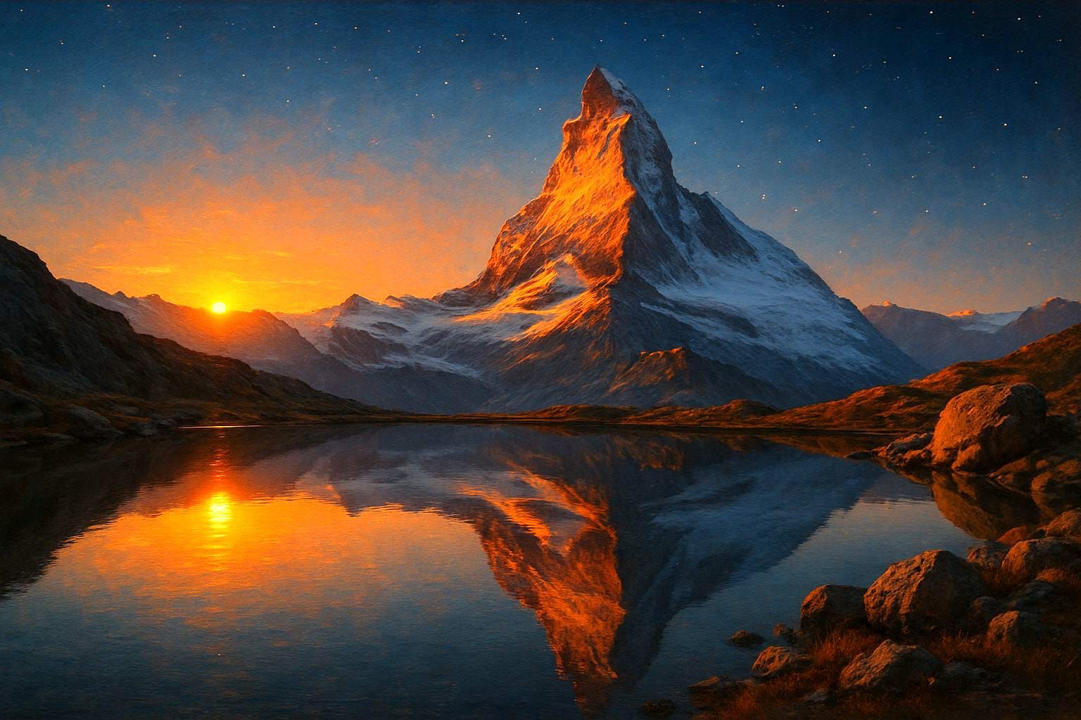 Riffelsee Lake Reflecting Matterhorn at Sunset