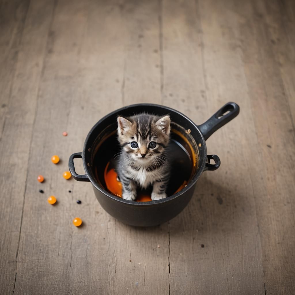 Cute Kitten Stirring Cauldron: Professional Photography