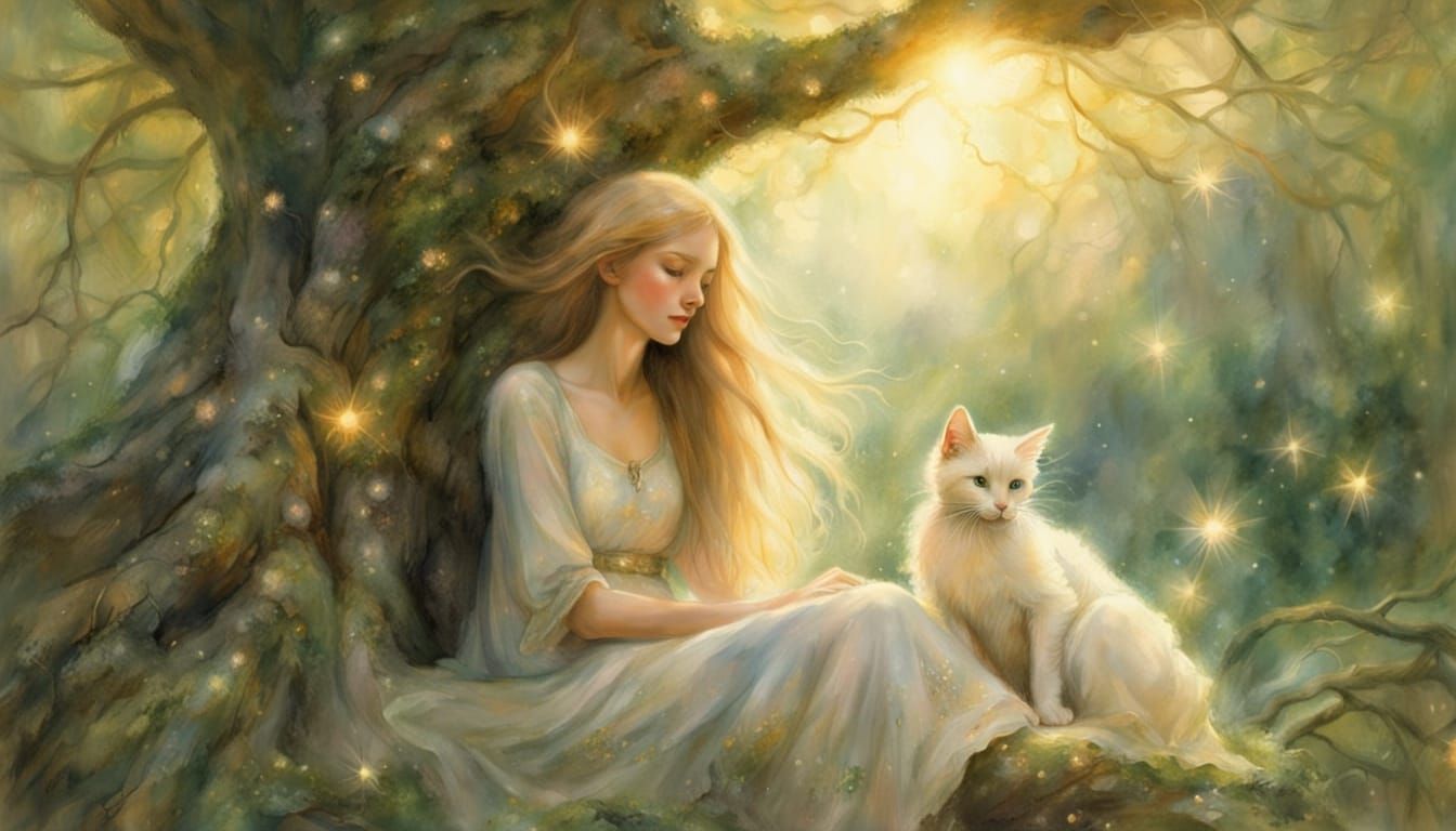Whimsical Forest Goddess Amidst Furry Companions