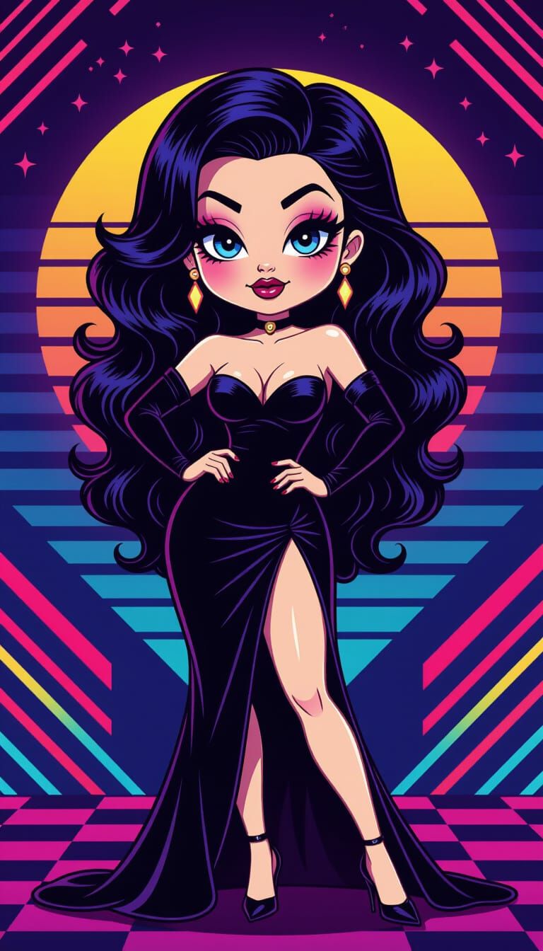 Elvira as Chibi Kawaii Icon in Neon 80s Style