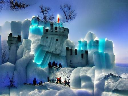 Ice Castle on a Cliff in Freezing Winter