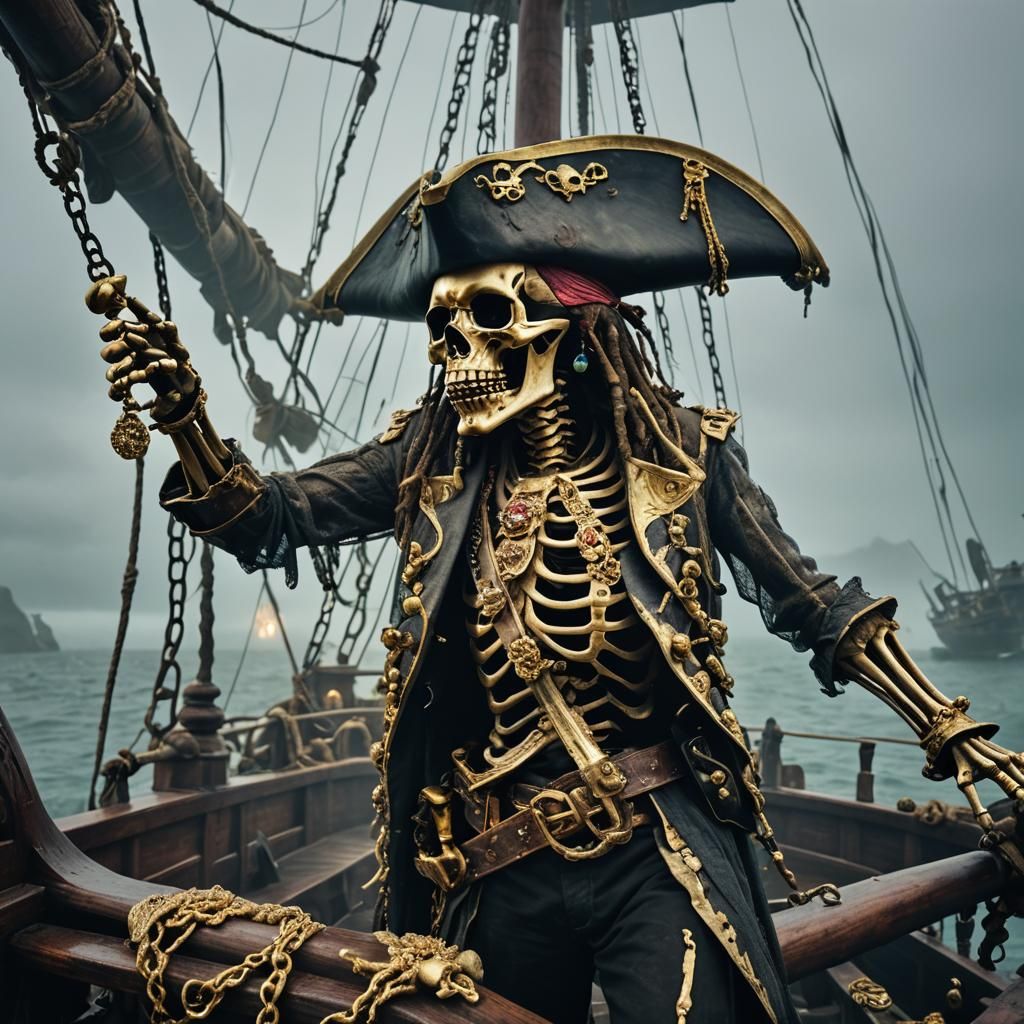 Pirate Skeleton Steers Ship in Eerie Fog