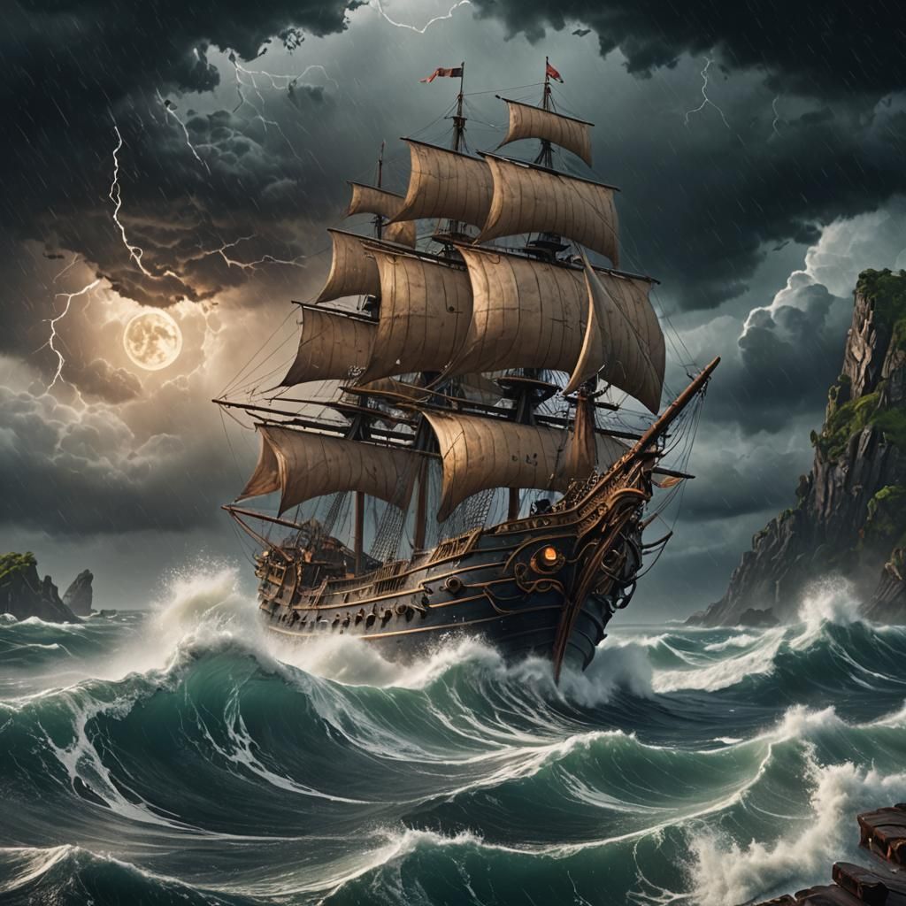 Ship Caught in Storm: Detailed Matte Painting