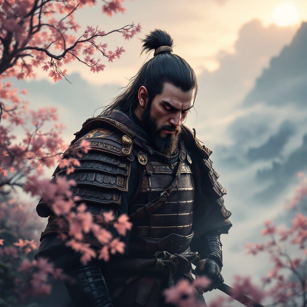 Samurai Warrior Lost in Contemplation Amidst Serene Japanese...