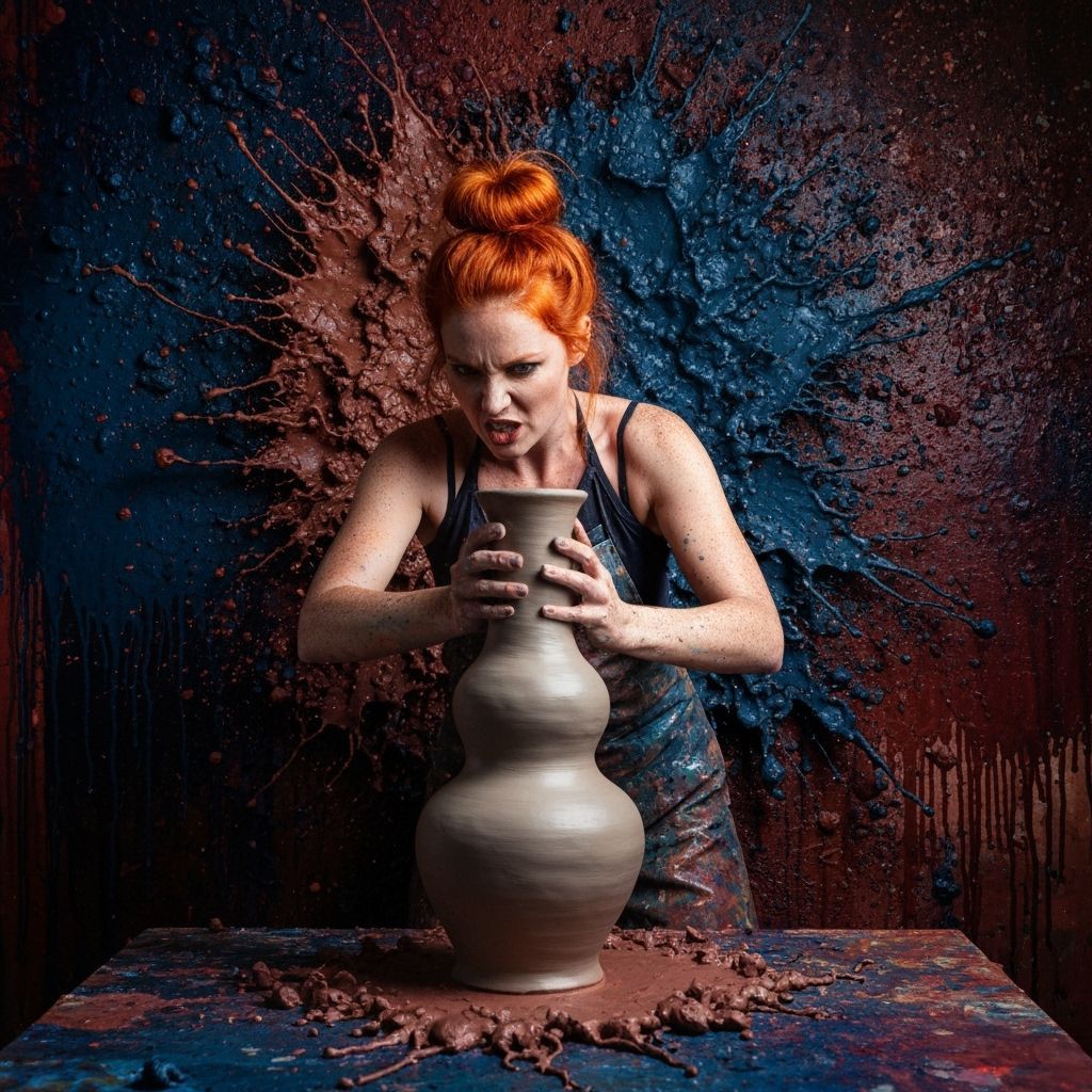 Woman Creating Clay Vase in Drip Art Style
