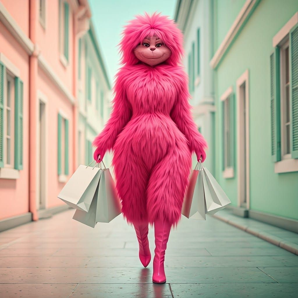 Glamorous Plush Toy Creature Strolls Down Pastel Street