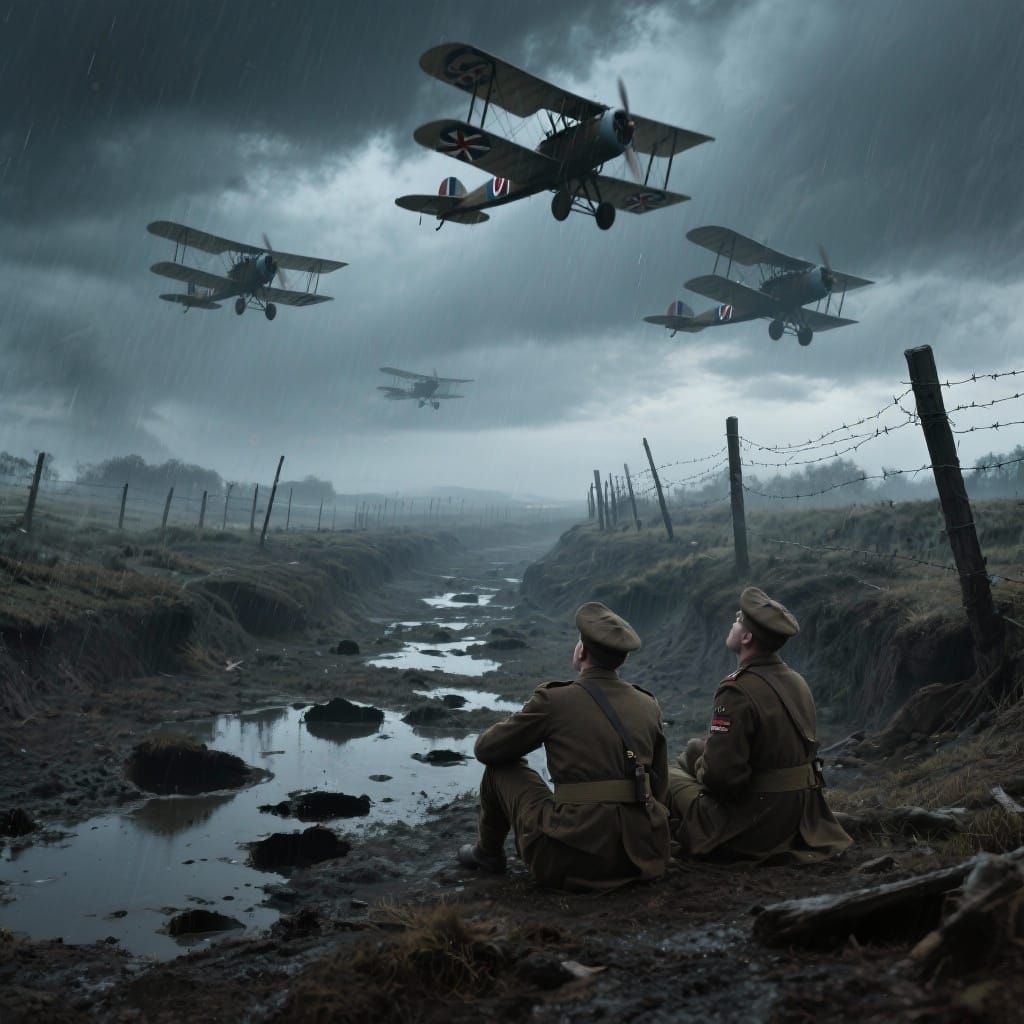 WWI Battlefield Under Moody Skies With RAF Biplanes