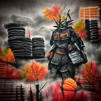 Dystopian Samurai in Charcoal Autumn Landscape