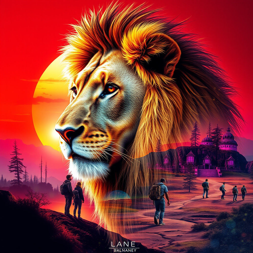 Lion Double Exposure: Travelers in Hyperrealistic Landscapes