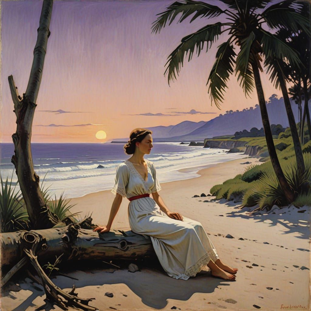 Dreamy Purple Beach Scene with a Serene Woman