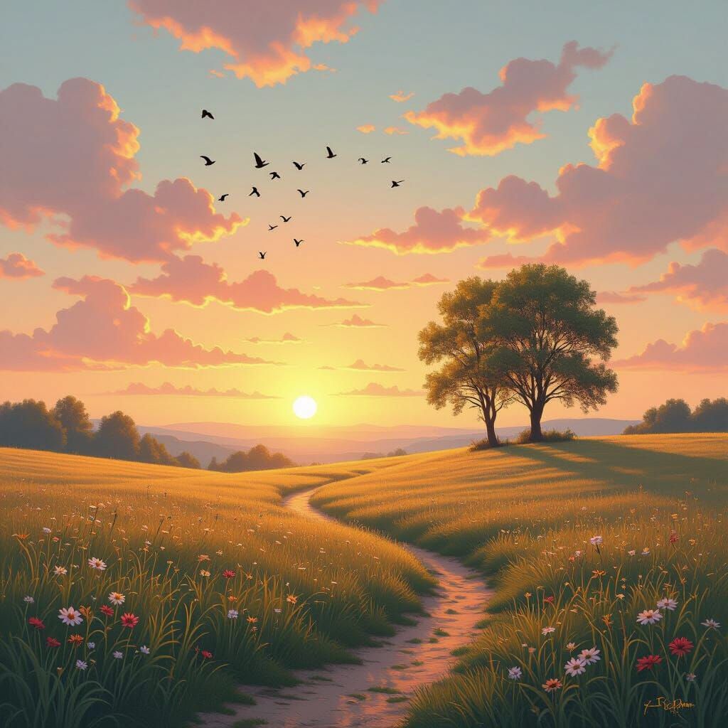 Sunrise Over Meadow with Whimsical Digital Painting Style