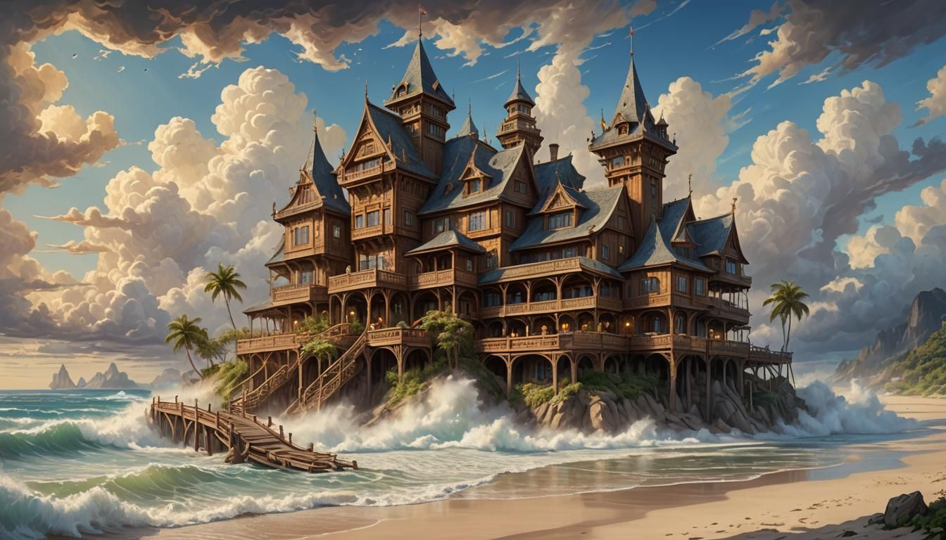 Ornate Fantasy Hotel on Beach, Detailed Oil Painting