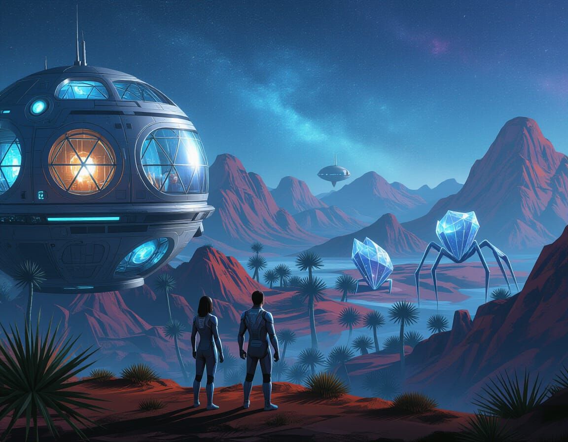 Sci-Fi Night Sky Over Futuristic City with Alien Landscape