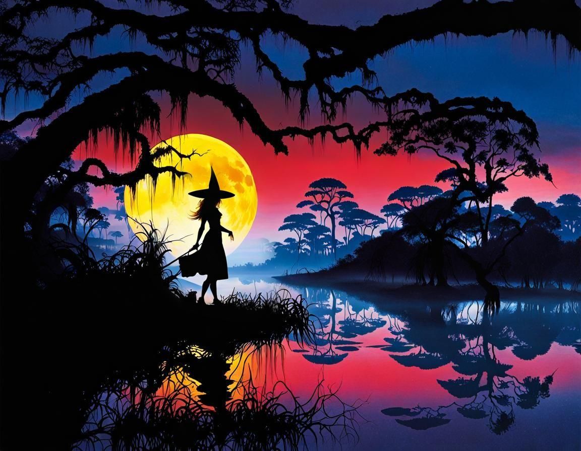 Swamp Witch Silhouette at Moonrise in Hyperrealistic Style