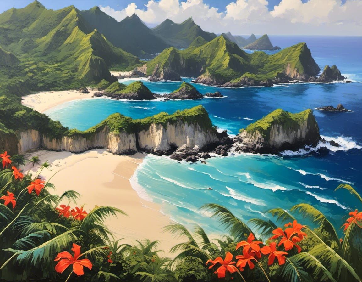 Tropical Island Beach with Waves: Digital Impasto Painting