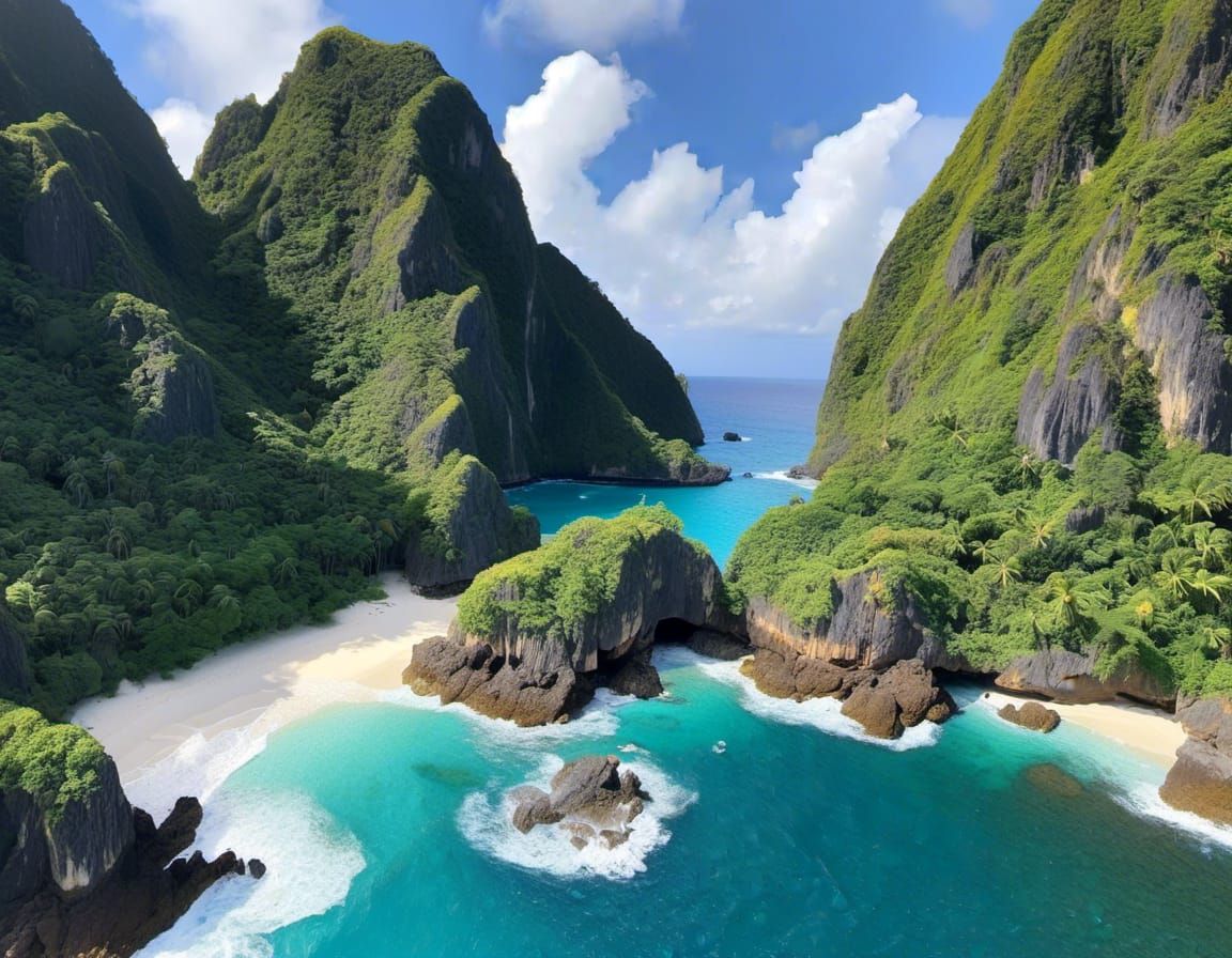 Tropical Island Beach With Waves, Impasto Style