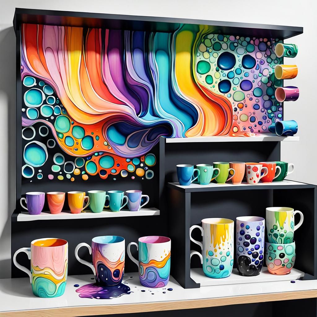 Colorful Mugs on Shelf in Acrylic Pouring Style