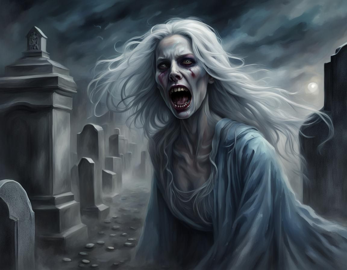 Grieving Banshee in a Cemetery, Dark Fantasy Art