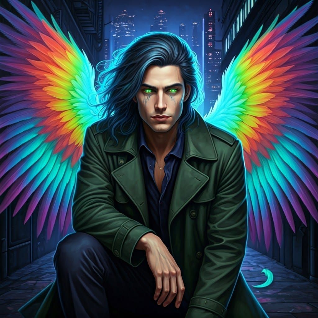 Neon-Haired Angel in Grungy Cityscape