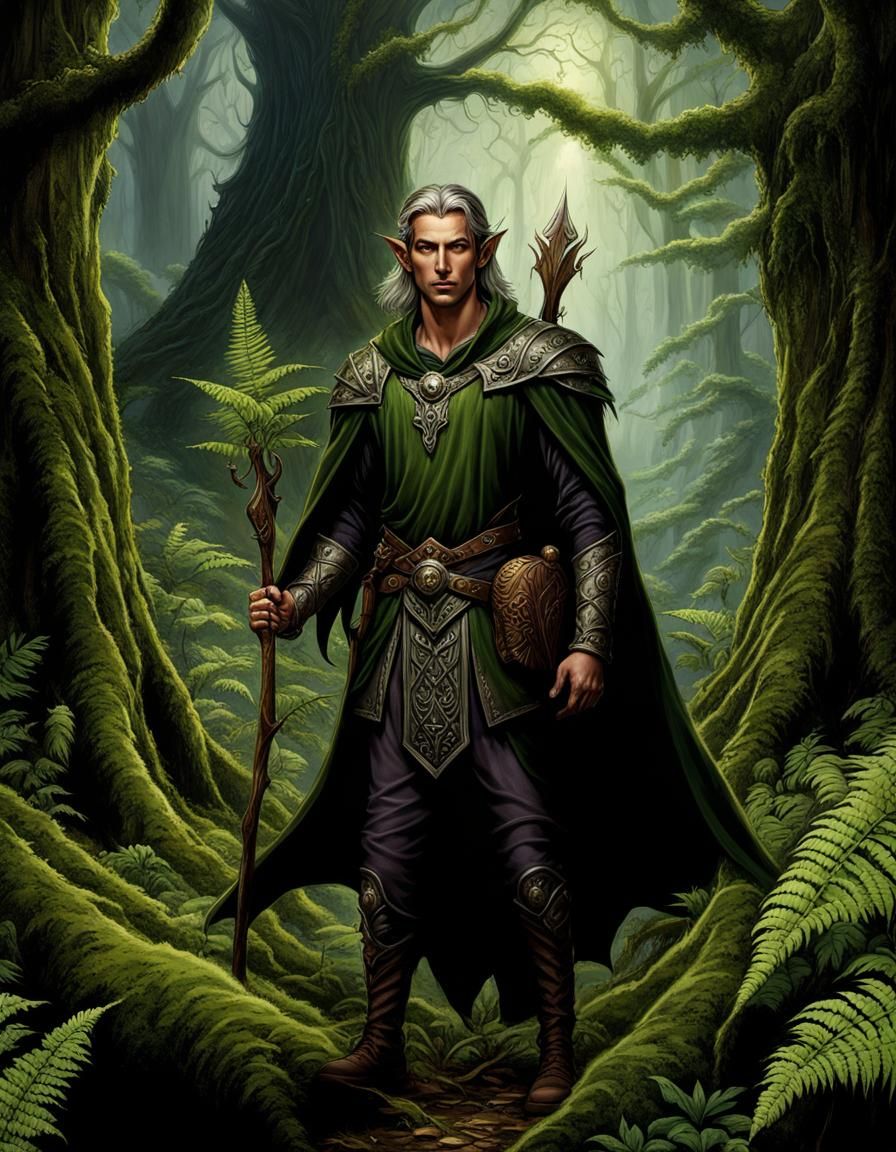 Handsome Elven Druid in Dark Fantasy Forest
