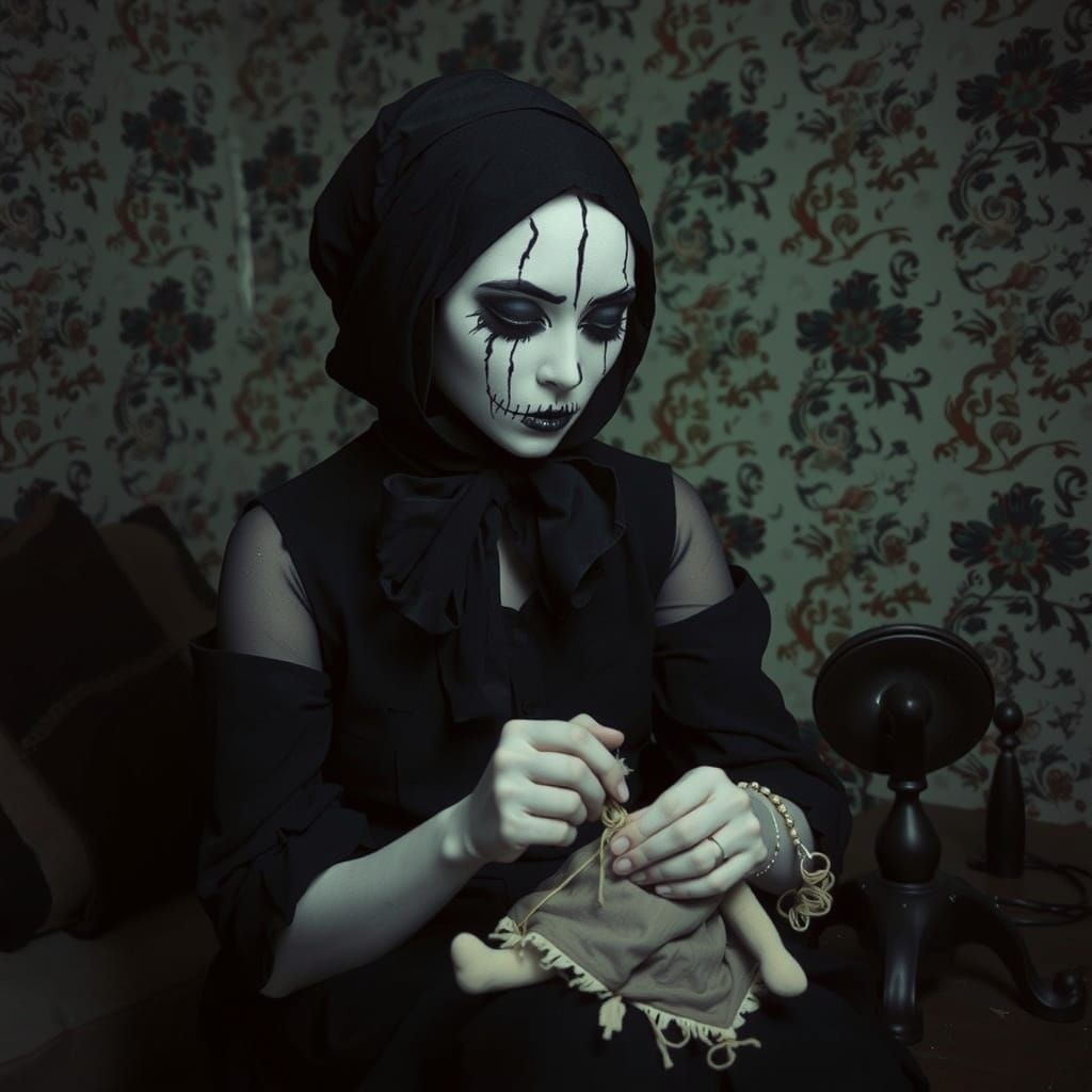 Mysterious Seamstress in a Dark, Distressed Room