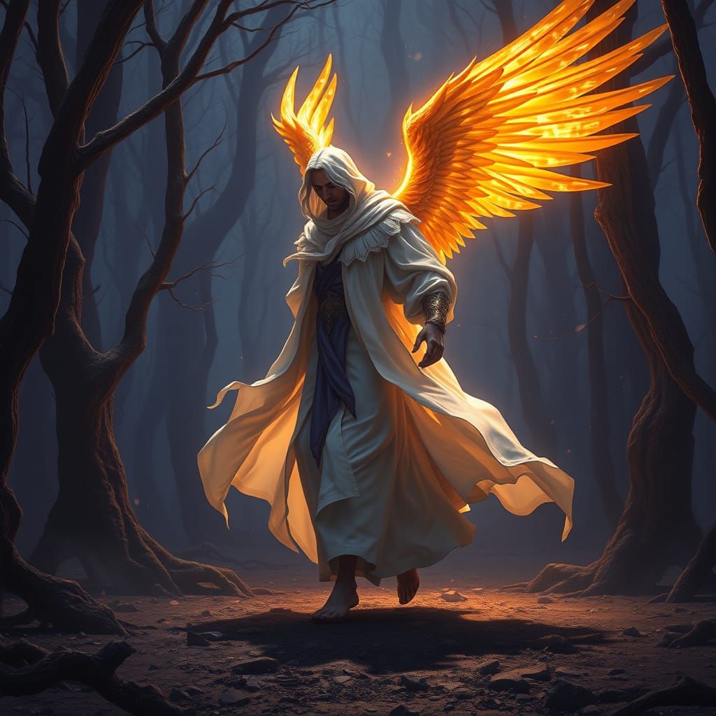 Majestic Archangel in Ethereal White Robe, Radiant Wings Ill...