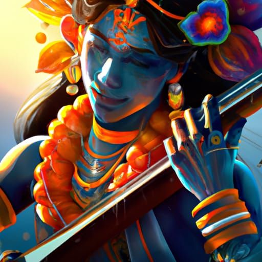 Lord Krishna Plays Guitar: Hyperdetailed Concept Art