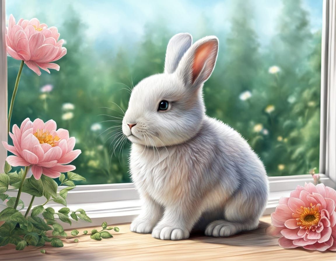 A Fluffy Bunny Surrounded by Vibrant Flowers in a Window Sce...