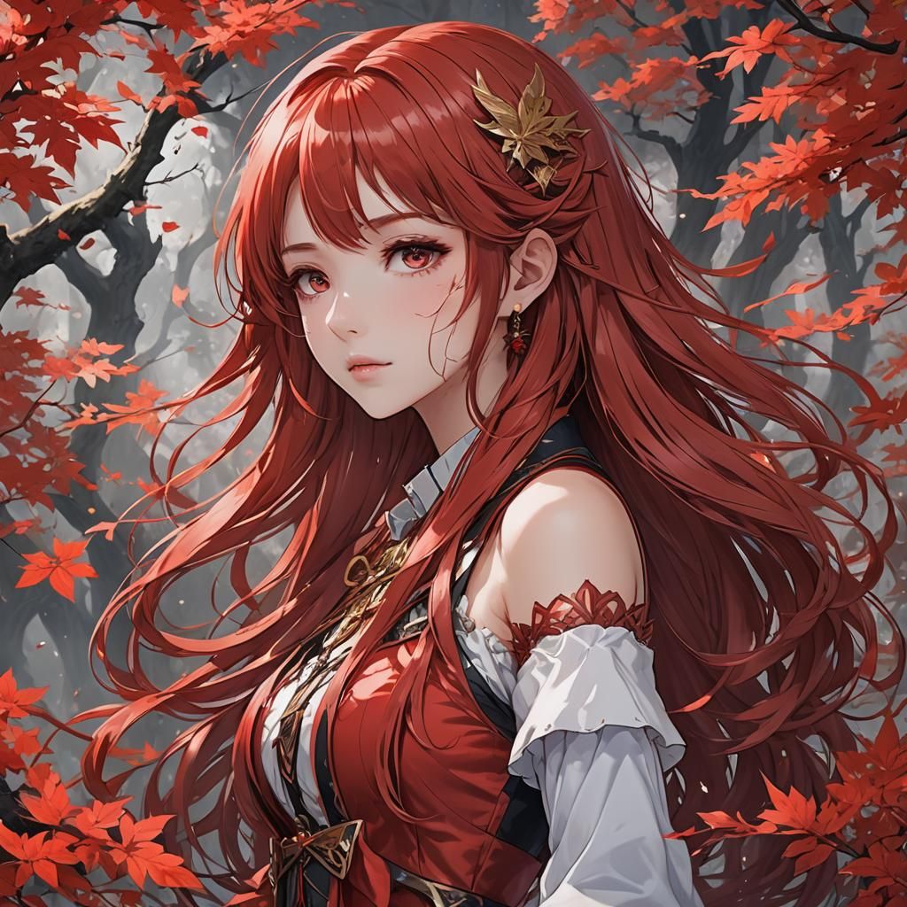 Anime Girl with Red Hair in Fantasy World