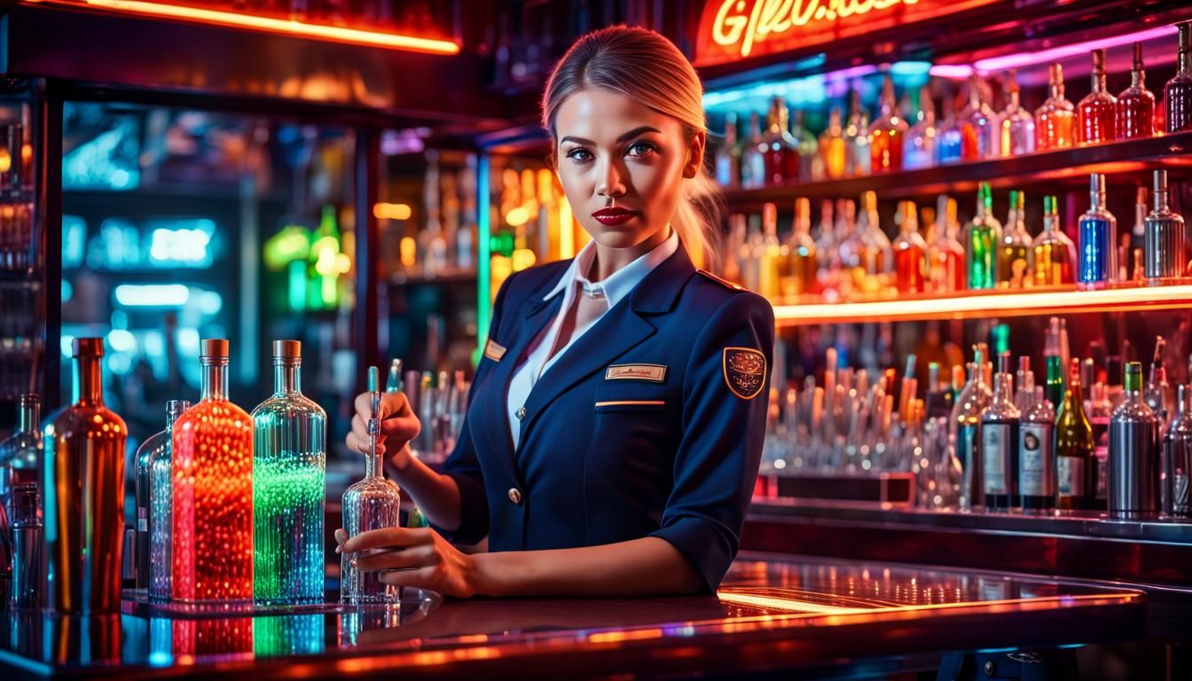 Neon Bar Stewardess in Hyperrealistic Digital Portrait