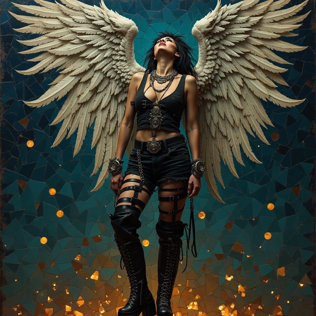 Punk Angel Screaming Under Night Sky as Neo-Cubist Mosaic