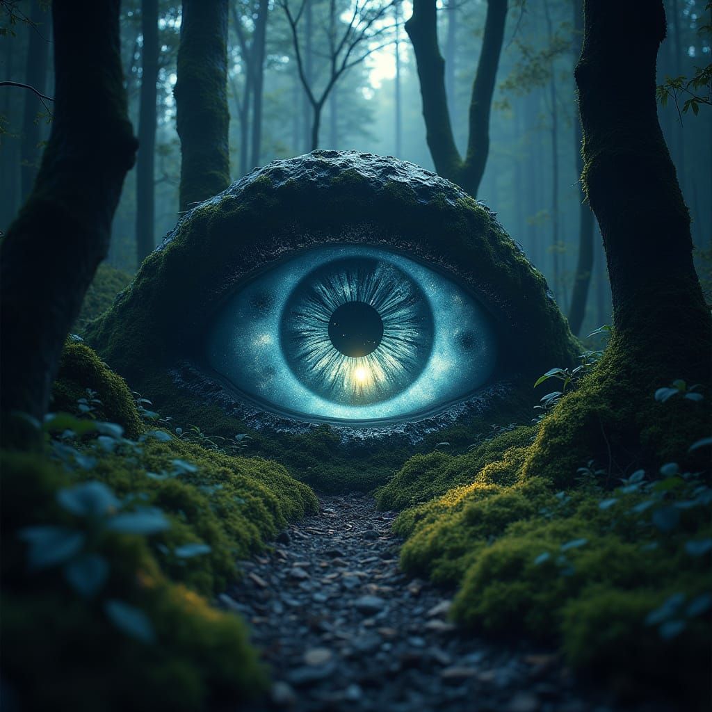 Giant Crystalline Eye in Ancient Forest Reflecting Night Sky